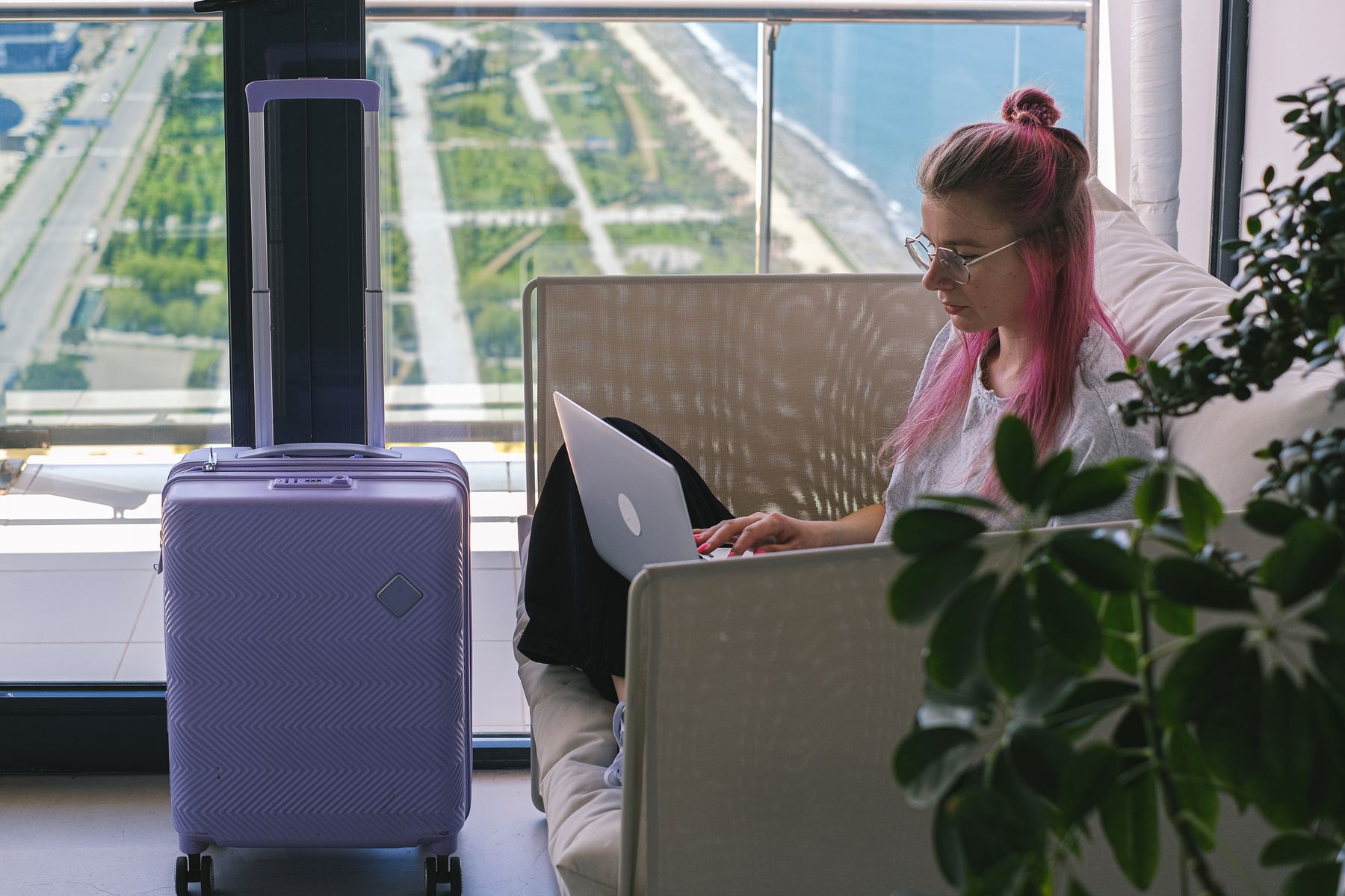 Business traveler settling in for an extended stay
