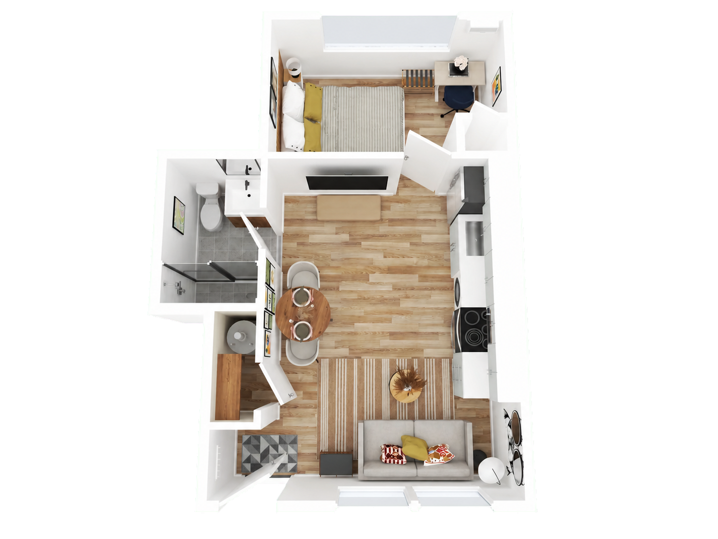 Illustrative furnished Stayoo one-bedroom floor plan