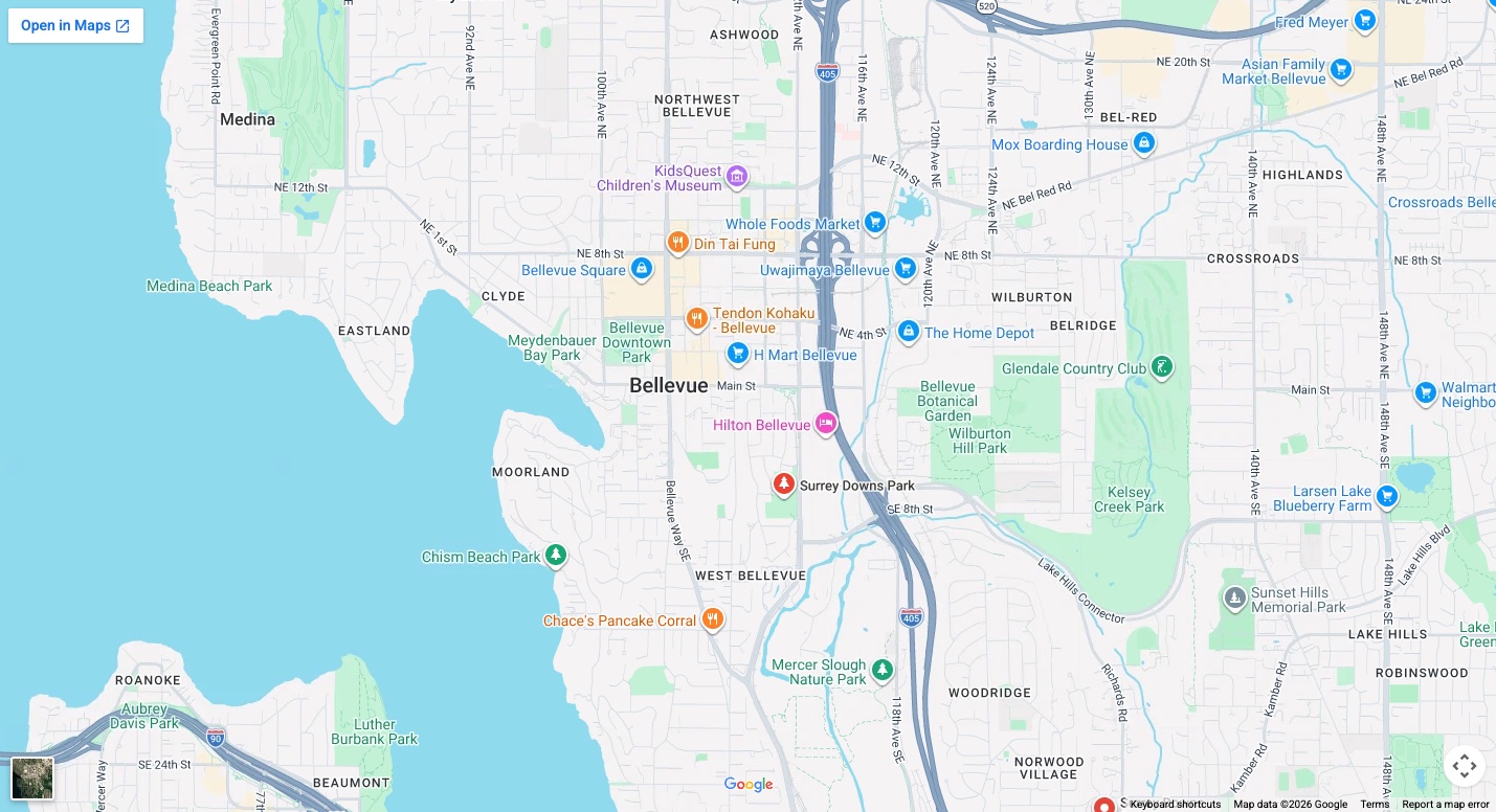 Google Maps road map of south Downtown Bellevue and Surrey Downs; no home location shown