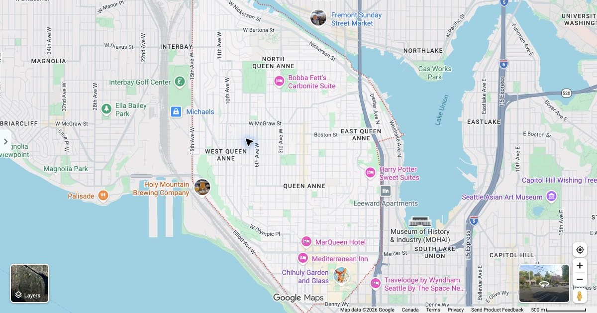 Google Maps road map of Queen Anne and Fremont with public grocery, market and clinic references; no home location shown