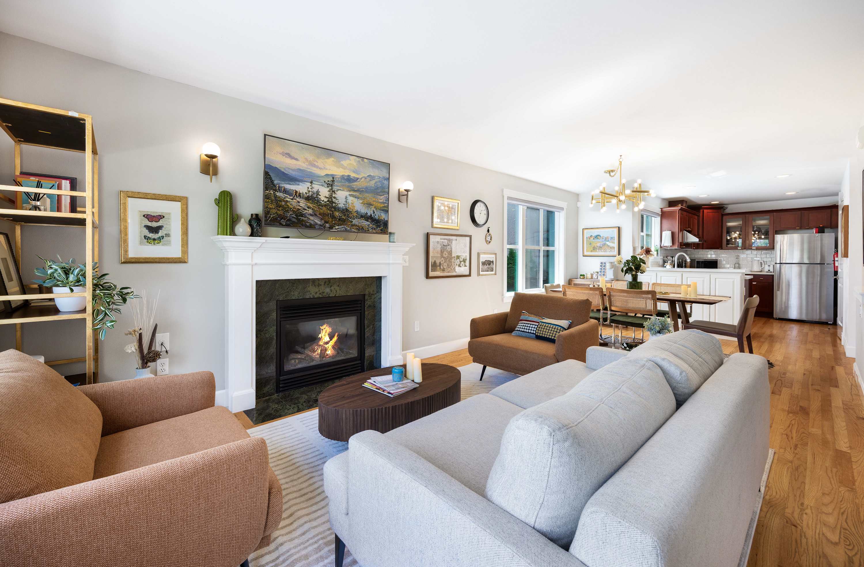 Living room with dining area and kitchen