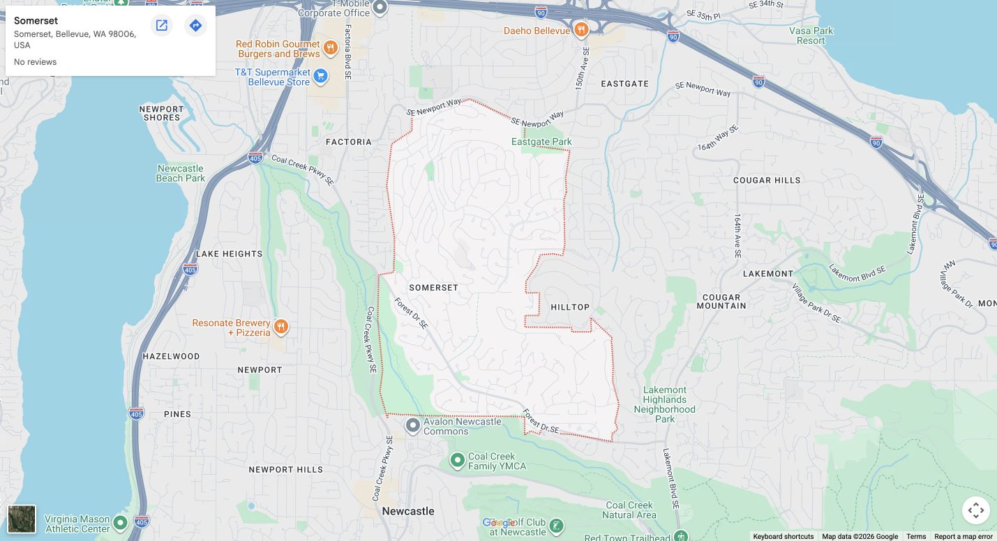Google Maps road map of Somerset, Factoria and Eastgate; no home location shown
